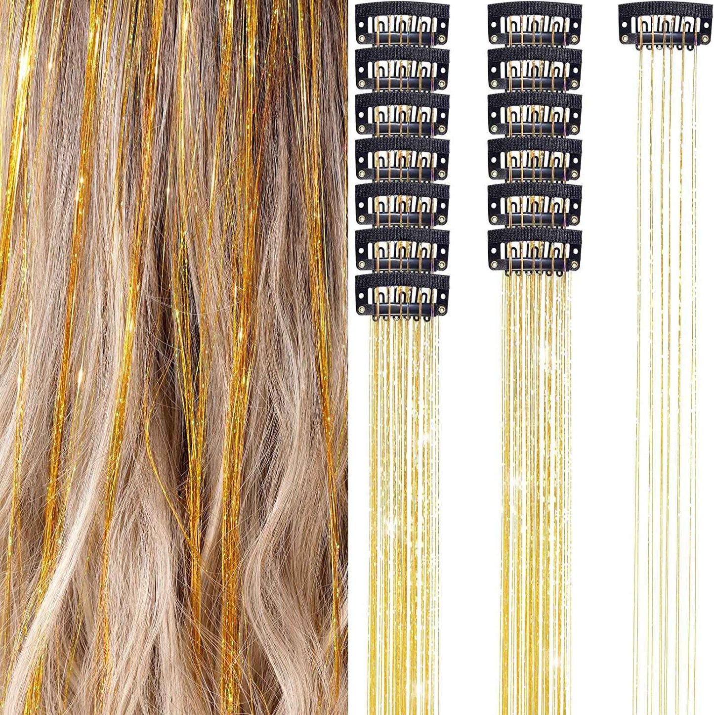 6 peças de extensões de cabelo brilhantes de 50 cm, extensões de cabelo sintéticas, presilhas de cabelo para trançar, chapéus femininos