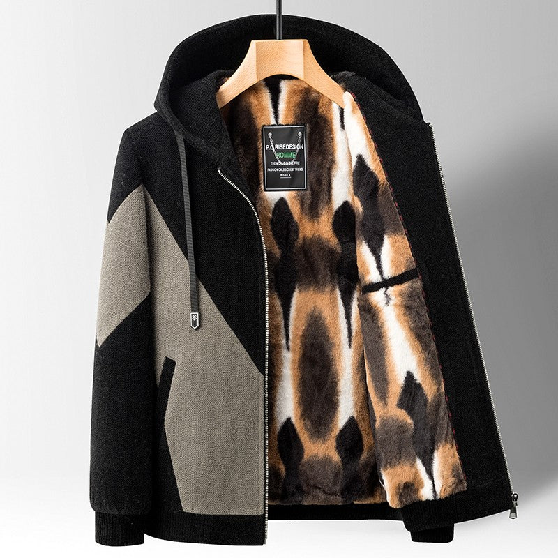 Winter Patchwork Woolen Jacket Men Hooded Short Trench Coat Thickened Warm Casual Business Social Overcoat