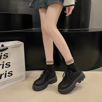 Womens Derby Shoes Autumn British Style Female Footwear Loafers With Fur Round Toe Clogs Platform Casual Sneaker Leather Fall Pr