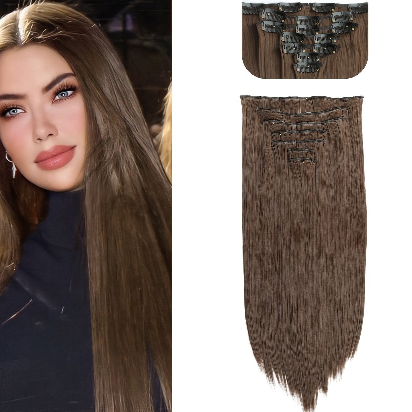 Cabelo Liso Comprido 16 Clipes 7 Pçs/Conjunto de Apliques de Cabelo Sintético Natural Loiro Preto Resistente ao Calor 2026