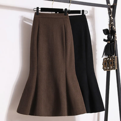 Plus Size Skirt Women 2024 Winter High Waist Elastic Velvet A Line Mermaid Skirt Korean Style Elegant Brown Or Black Long Skirts