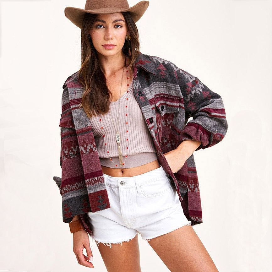 Vintage Jacket Women Splicing Loose Jacket Denim Print Aztec Retro Ethnic Style Long Sleeved Shirt Streetwear Female Goth Coat