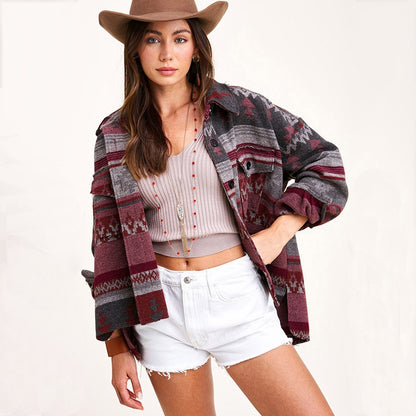 Vintage Jacket Women Splicing Loose Jacket Denim Print Aztec Retro Ethnic Style Long Sleeved Shirt Streetwear Female Goth Coat