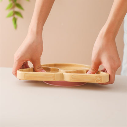 Baby Wooden Tableware Set Could Bamboo Wooden Plate Bowl Silicone Suction Wooden Handle Fork Spoon for Children Feeding Supplies