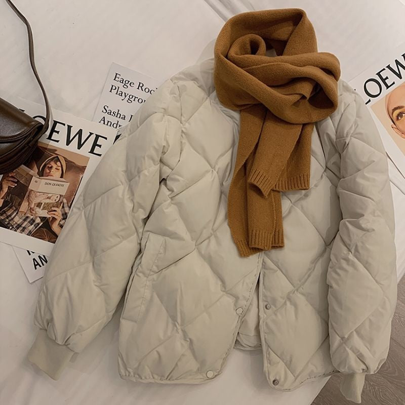 Creamy White Round Neck Cotton-padded Coat Women's Winter Loose-fit Thickened Cropped Puffer Jacket For Petite Women