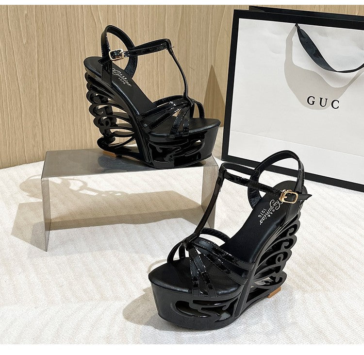 2022 New High Heels Women Pumps Thick Platform Buckle Strap Nightclub Shoes Catwalk Model Show 14.5CM Hollow Out Wedge Sandals