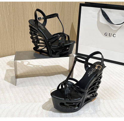 2022 New High Heels Women Pumps Thick Platform Buckle Strap Nightclub Shoes Catwalk Model Show 14.5CM Hollow Out Wedge Sandals