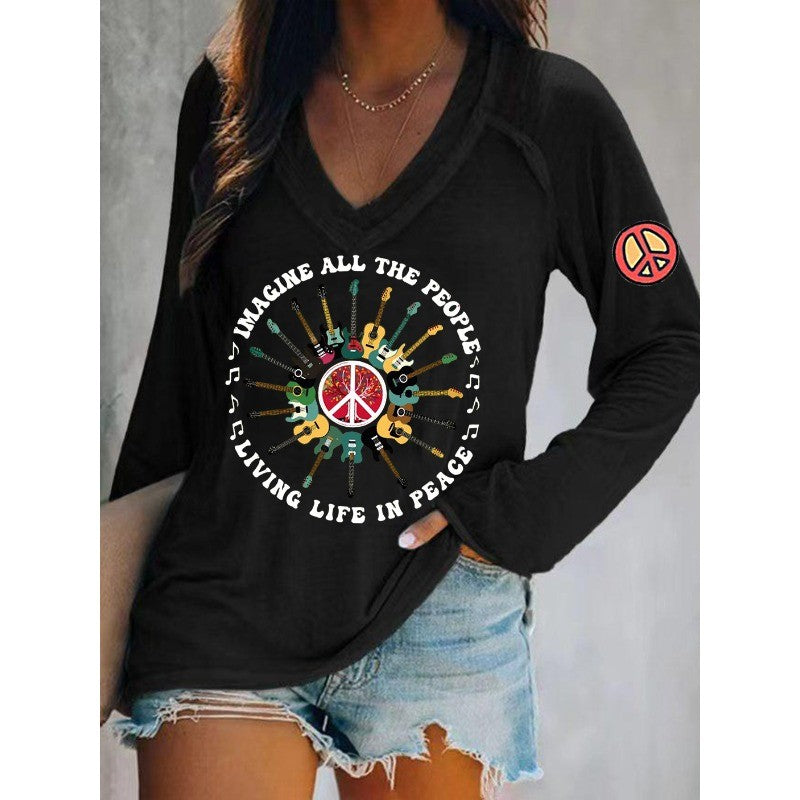 Ilstile Women's Hippie Style Print T-Shirts Spring Summer Long Sleeve V Neck Tops Casual Loose Tees New Arrival