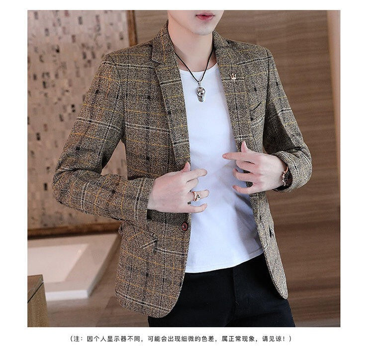 Men's casual plaid suit jacket, fashionable and versatile slim-fitting top, stylish plaid suit