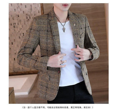 Men's casual plaid suit jacket, fashionable and versatile slim-fitting top, stylish plaid suit