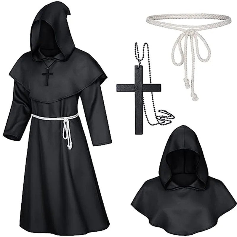 Medieval Monk Cosplay Wizard Hooded Robe Steampunk Priest Horror Cloak For Men Unisex Mask Hat Costume Halloween Masquerade Cape