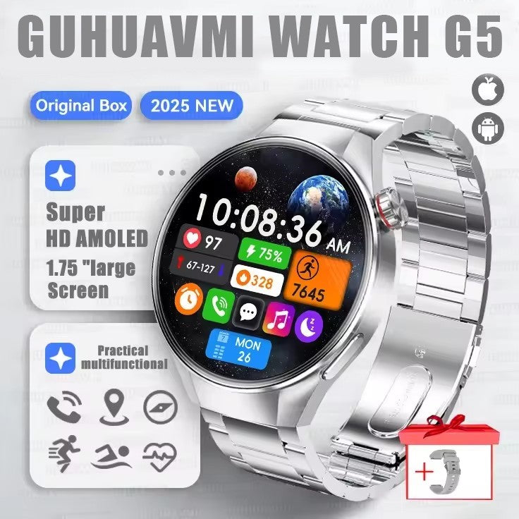Smartwatch 2025 Original G5 Plus, Tela AMOLED HD de 1,75", Rastreamento GPS, Frequência Cardíaca, Chamada Bluetooth, Bússola para Homens