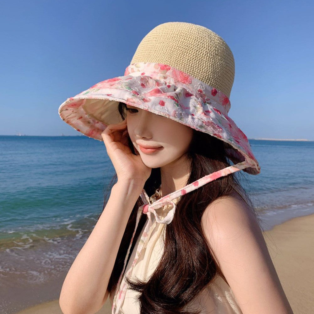 Fashion Flower Print Straw Hat Sun Protection Wide Brim Beach Hat Can Be Used As Bag Breathable Visor Hat Outdoor