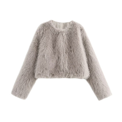 Women's Thick Warm Faux Fur Cropped Jacket, O Neck, Long Sleeve, Female Outerwear, Chic Tops, Fashion
