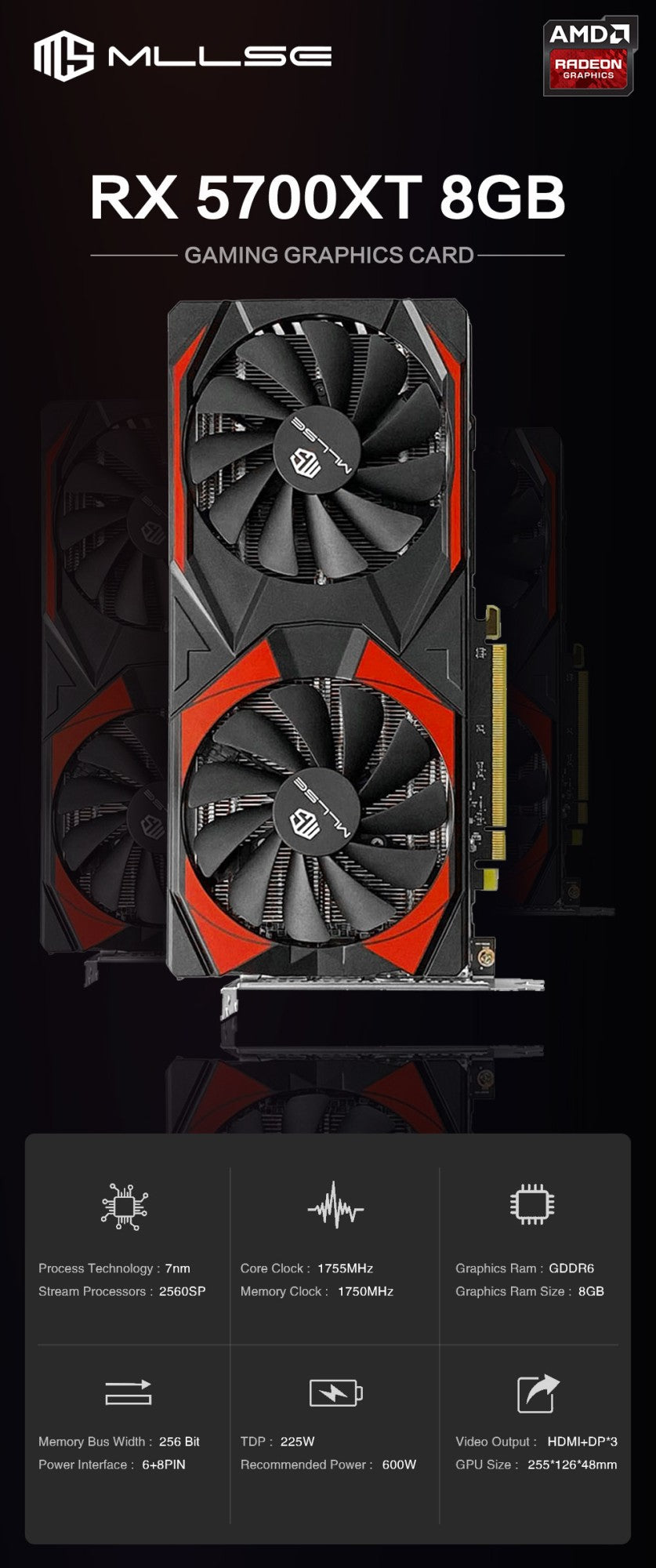 Placa de Vídeo MLLSE AMD RX5700 XT 8GB GDDR6 256Bit PCI-E 4.0×16 6+8Pin Radeon GPU Rx 5600XT Gaming