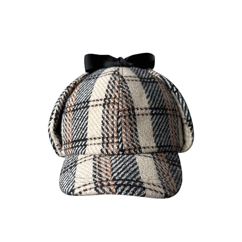 Unisex British-Style Sherlock Holmes Deerstalker Hat for Fall Winter Wool Blend Plaid Double Brim Ear-Warming, Trendy Detective