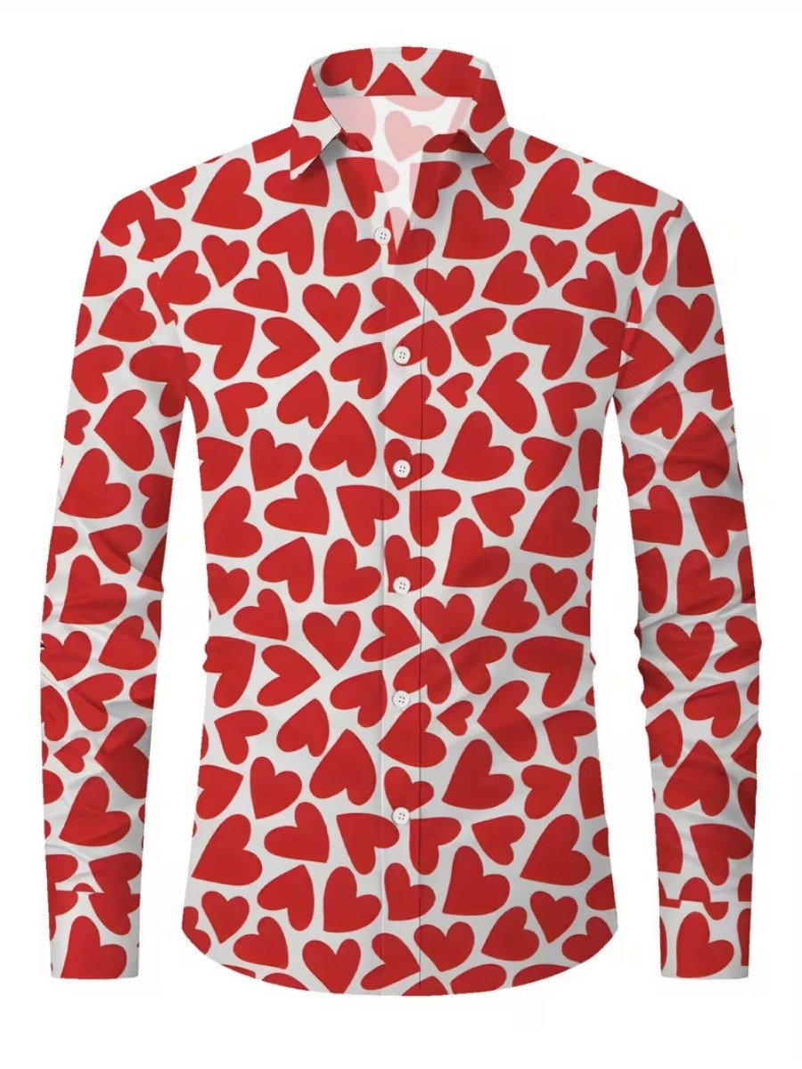 New men's long-sleeved heart-pattern single-button shirt - suitable for formal parties, dates, daily wear. Quick delivery.