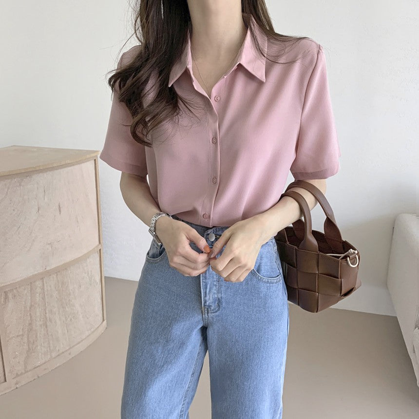 New French High-end Chiffon Simple Dressing Short-sleeved Shirt Top for Women