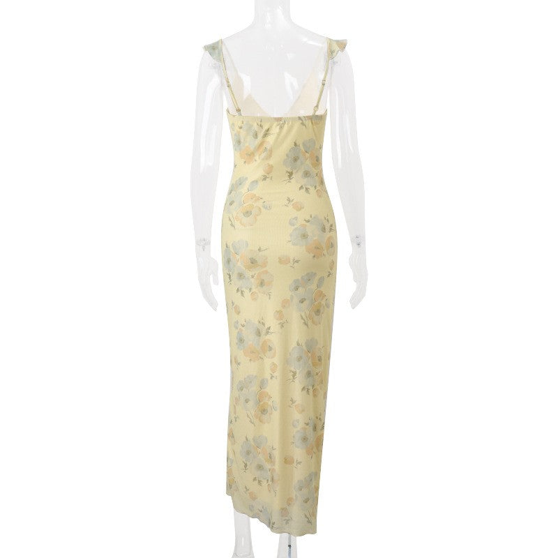 Cryptographic Summer Floral Print Plunge Maxi Dress Outfits Sexy Backless Fairy