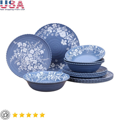 12 Piece Bamboo Melamine Dinnerware Set Floral Design Dishwasher Safe Plates Bowls Vintage Scalloped Edges Ideal Entertaining