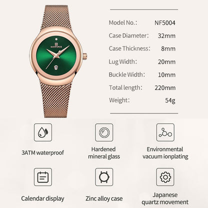 NAVIFORCE Luxury Green Analog Date Quartz Fashion Ladies Watches Mesh Steel Strap Waterproof Business Women Wristwatch Clocks