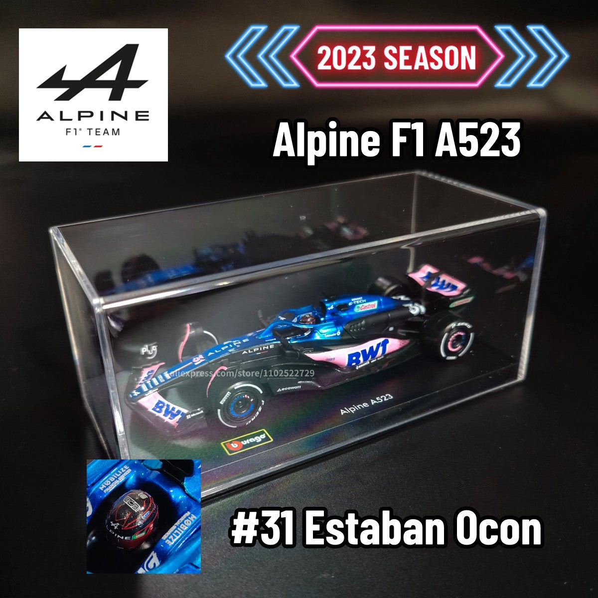 Bburago Alpine 2023 F1 A523 Carro Modelo com Vitrine Escala 1:43 Fórmula 1 Ferrari AMG Red Bull Racing Coleção de Miniaturas