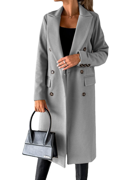 Autumn and Winter Women's Clothing Long-sleeved Lapel Solid Color Double-breasted Slim-fit Coat