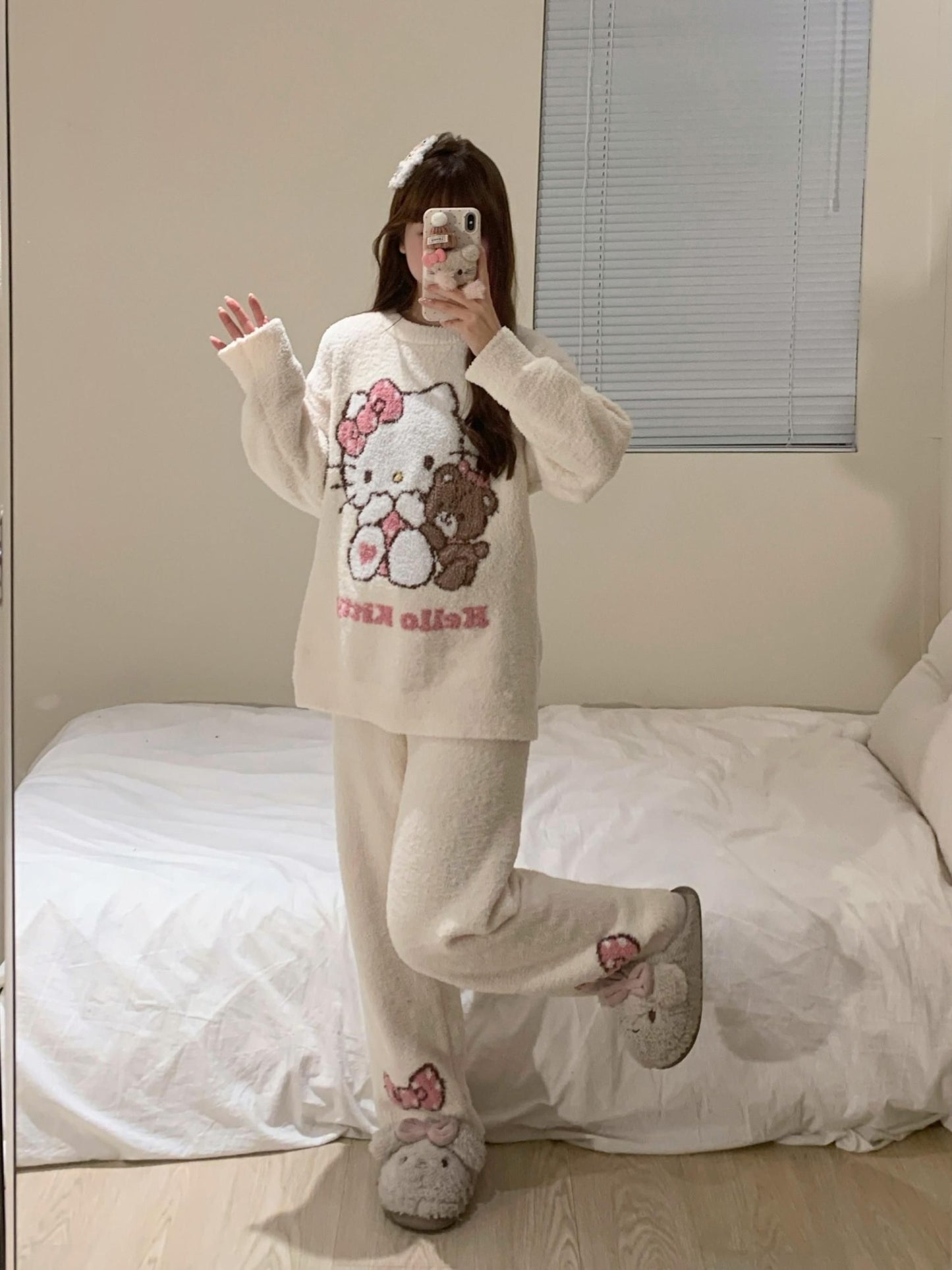 Hello Kitty Women's 2025 Kawaii Brushed Fleece Pajama Set Fall Winter Plush Thermal Cozy Sleepwear & Home Loungewear