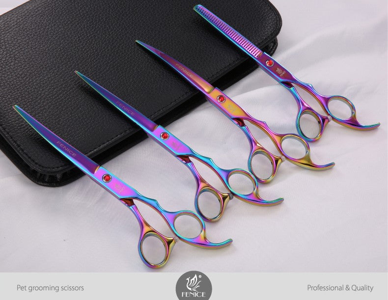 Conjunto de tesouras de tosa Fenice novo design colorido 7.0 polegadas tesouras retas de desbaste curvadas