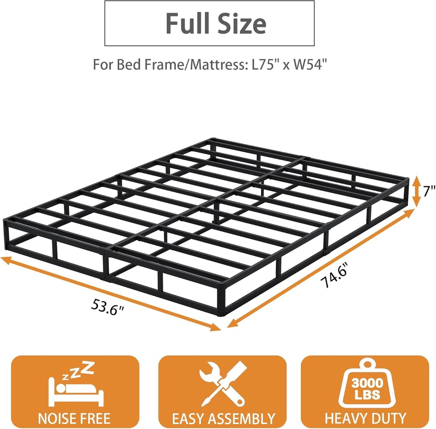 Base de Cama Box de Casal de 7 Polegadas, Base de Colchão Metálica Resistente de 3000 lbs, Montagem Fácil Sem Ferramentas