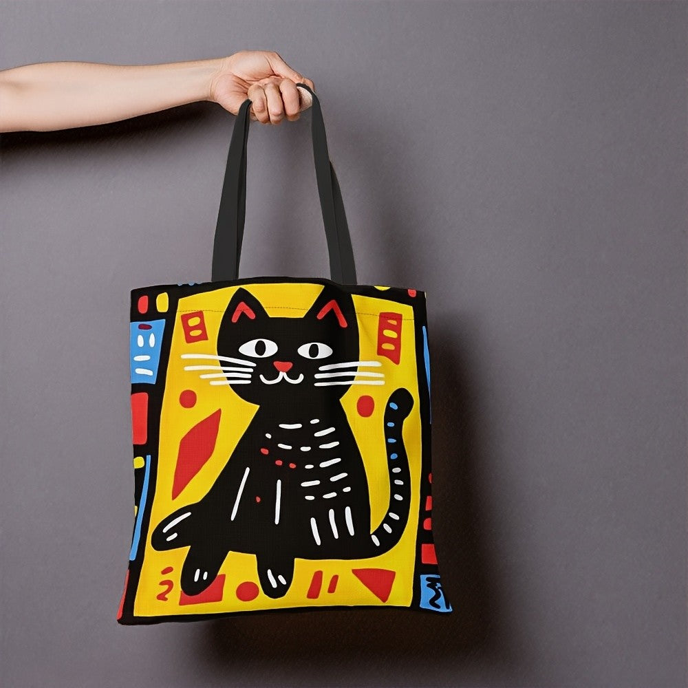 1pc Graffiti Cat Polyester Tote Bag, Durable Rectangle Shopping Bag, Ideal for Easter, Ramadan
