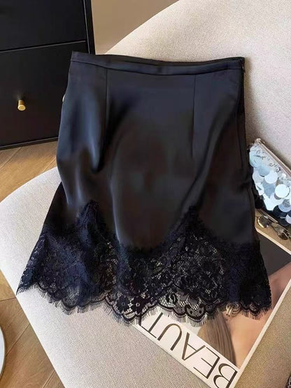 Ladies Fashion Lace Spliced A-line Mini Skirt Summer Thin High Waist Solid Color Skirt Women Clothes Simple Black Short Skirts