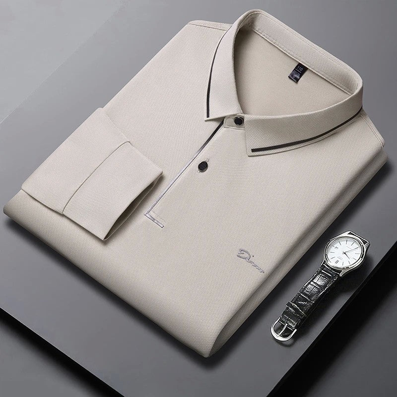 New Men's Business Casual Long Sleeved Shirt with Badge Solid Color Polo Shirt Fashionable Breathable Comfortable Versatile Top