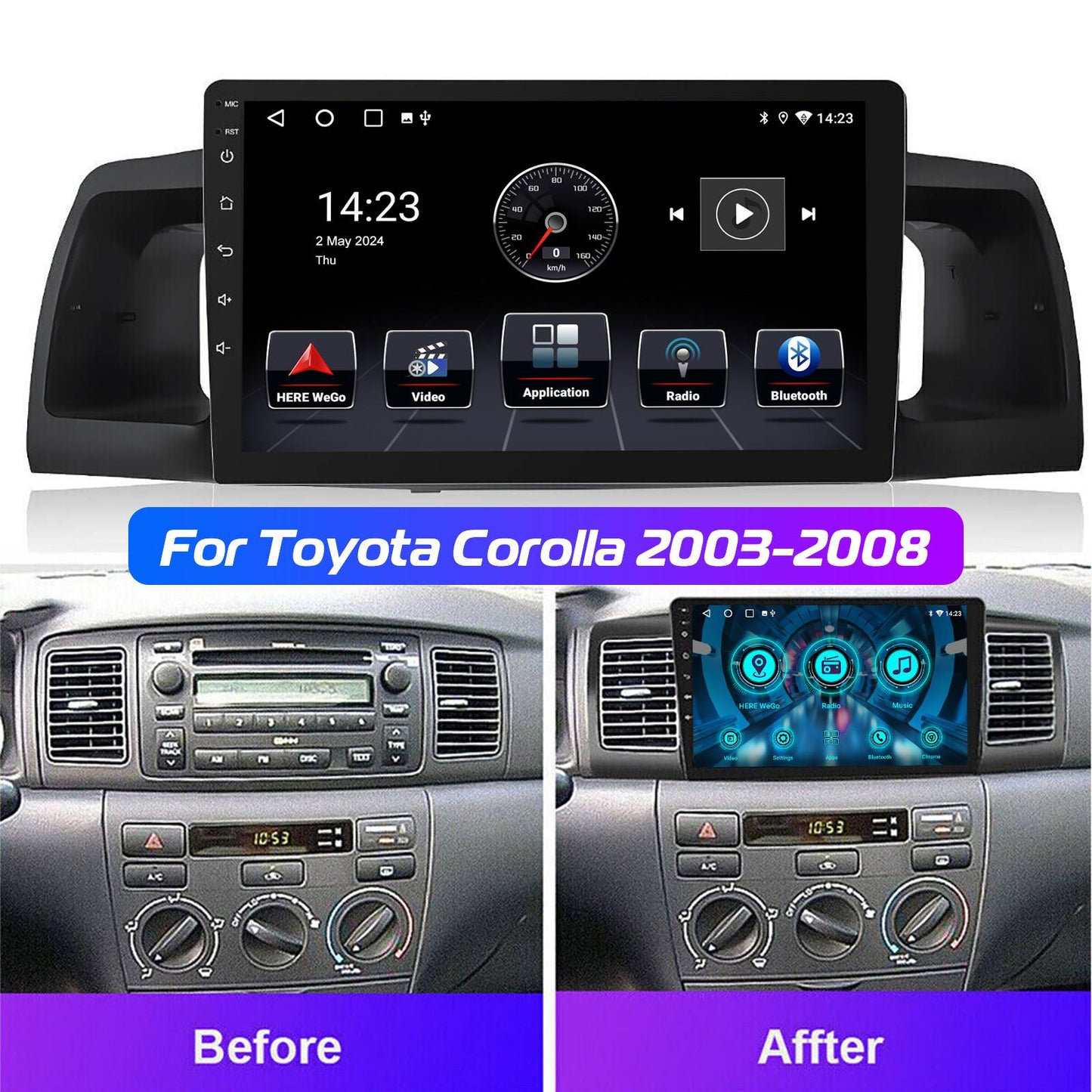 Rádio Automotivo 9" Android 14 Para Toyota Corolla E120 EX 2000 2001 2002 2003 2004 2Din Player Multimídia GPS Navi Central Multimídia WIFI