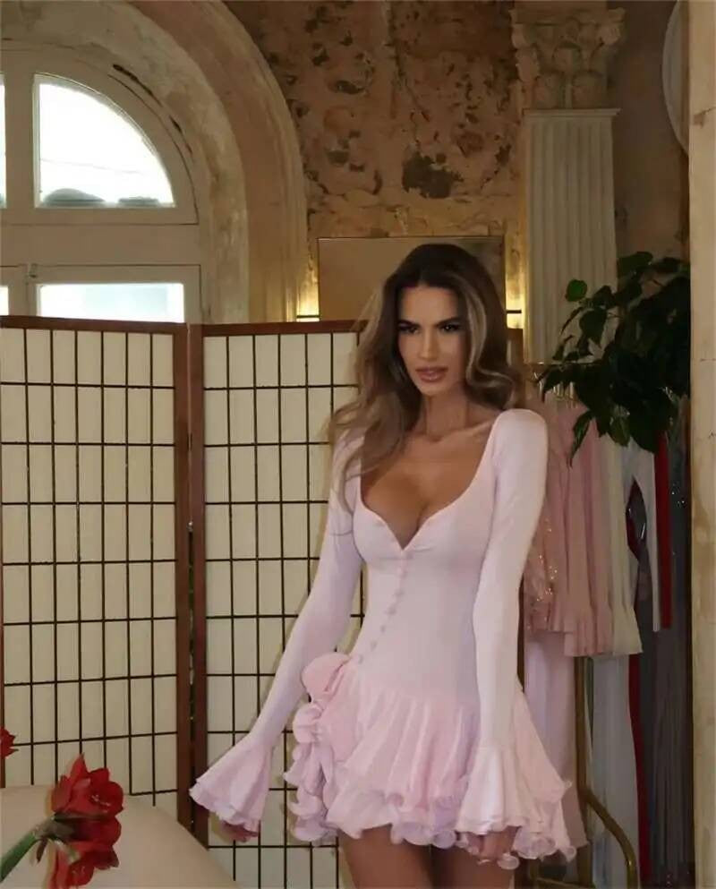 Blifanbo Flare Sleeve Ruffle Sexy V Neck Mini Dress Women Robe Irregular Single-