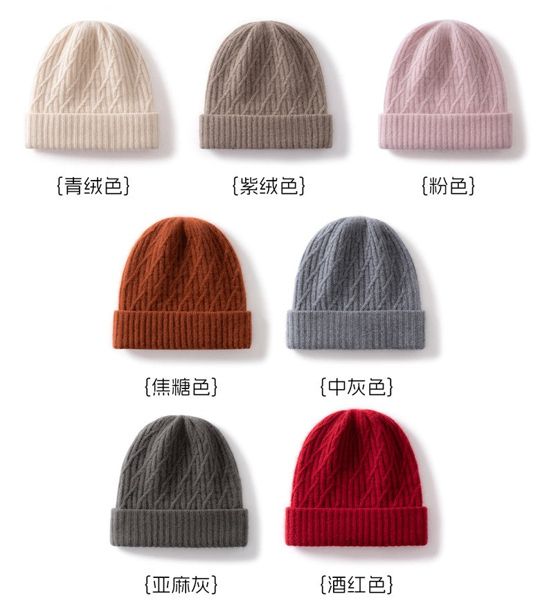 Autumn Winter 100% Cashmere Hat Double Layer Thickened Reversible Cold-Proof Unisex Knitted Wool Hat Versatile Ear Protection