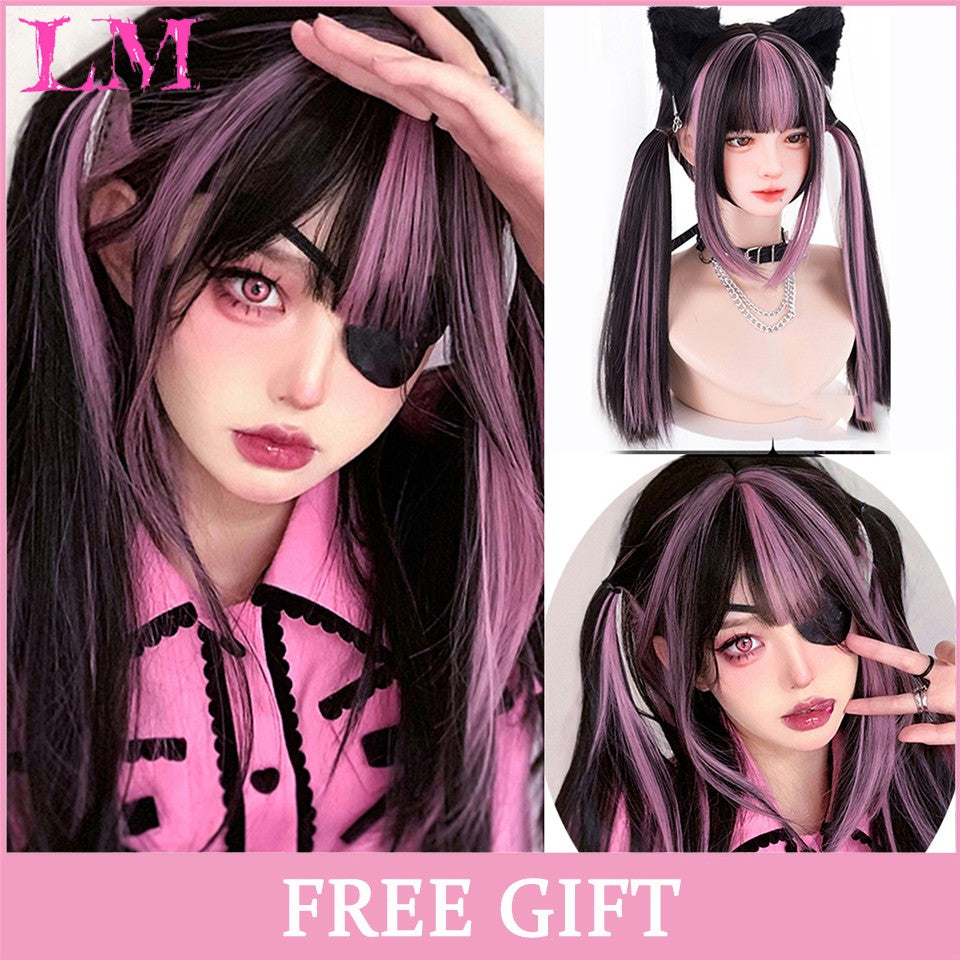 LM Medium Length Pink Cosplay Wig Heat Resistant Costume Party Synthetic Wigs 2 Clip On Ponytail 7 Colors