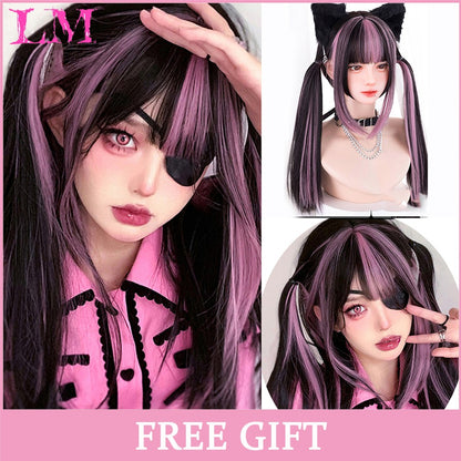 LM Medium Length Pink Cosplay Wig Heat Resistant Costume Party Synthetic Wigs 2 Clip On Ponytail 7 Colors