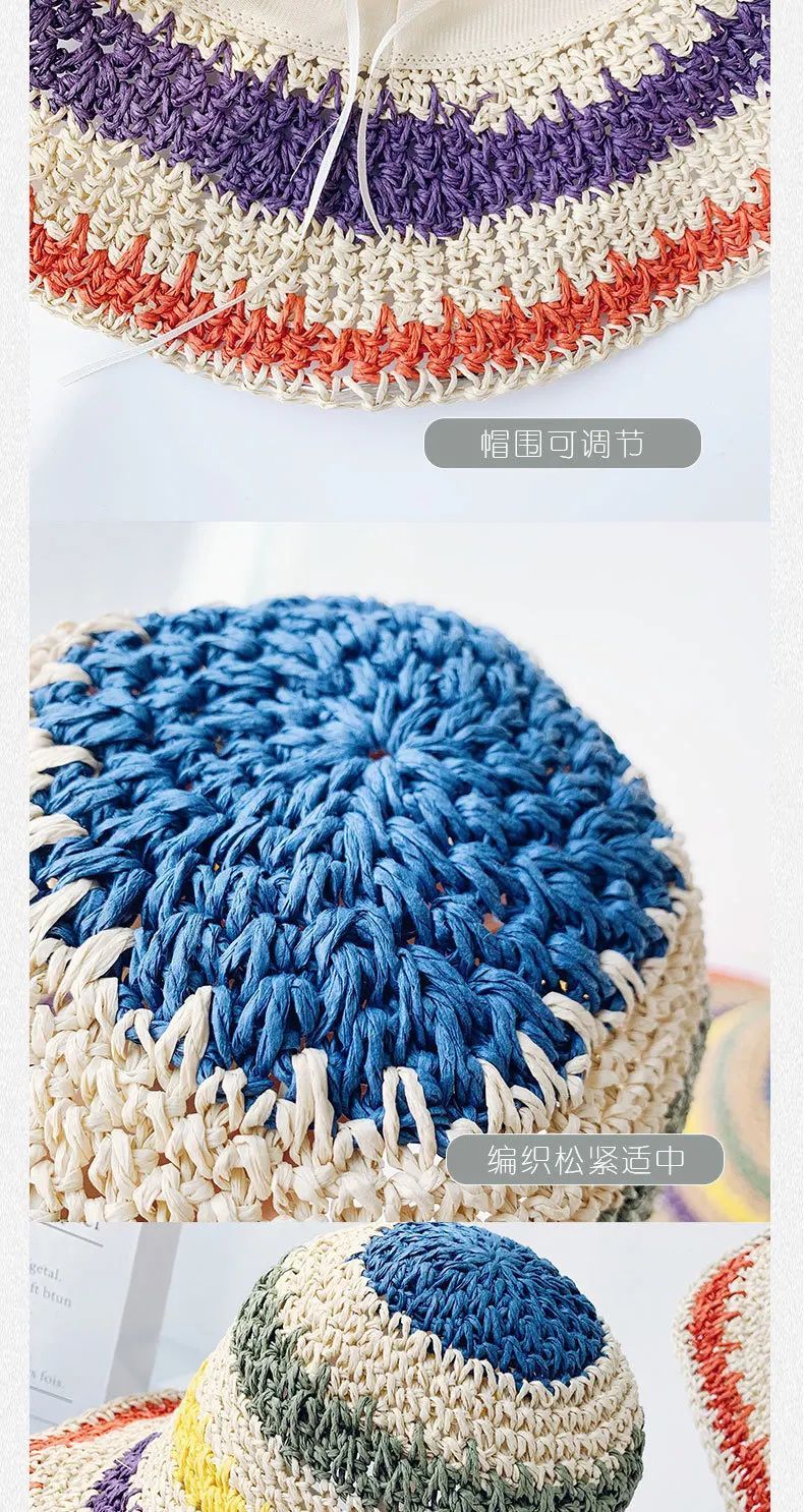 Rainbow Straw Hat Woman Summer Sun Visor Handmade Crochet Big Brim Bucket Hat Ladies Beach Sun Cap Boho Lady Girls Fashion Caps