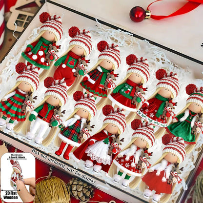 12Pcs Classic Long-haired Christmas Doll Design High-quality 2D Flat Wooden Pendant Christmas Doll Decoration for Christmas