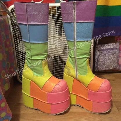 Lolita Cosplay Mutilcolor Thickness Mid Calf Boots Platform Wedges High Heel Women Shoes 2025 Fashion Sexy Zapatos Para Mujere