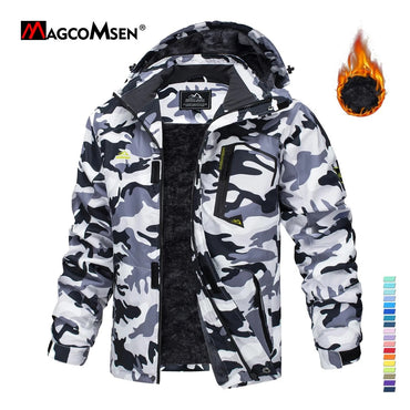 MAGCOMSEN Fleece Ski Jacket Men's Hooded Waterproof Thermal Thick Warm Camo Parka Removable Hooded Coats Winter Snowboard Anorak