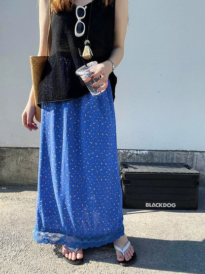 Ezgaga Skirts Women Elegant Floral Printed Lace Patchwork 2025 Summer Fashion Vintage Sweet Ladies Long Skirt Casual Chic