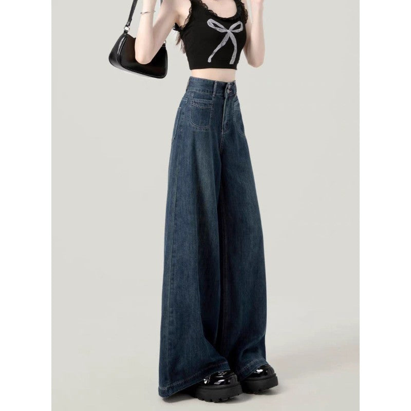 Casual Womens Jeans Autumn Winter High Waist Wide Leg Loose Trousers Vintage Heavyweight Lazy Drape Straight Long Pants