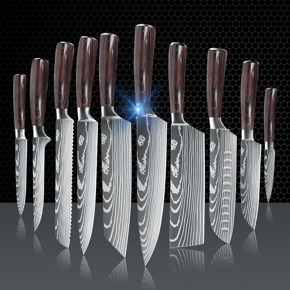 ZENG 10-piece set Damascus Pattern Cooking Cutter Kitchen Knife Chef Knives Meat Cleaver Fruit Vegetable Knife Slicing Knife