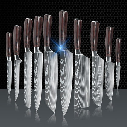 ZENG 10-piece set Damascus Pattern Cooking Cutter Kitchen Knife Chef Knives Meat Cleaver Fruit Vegetable Knife Slicing Knife