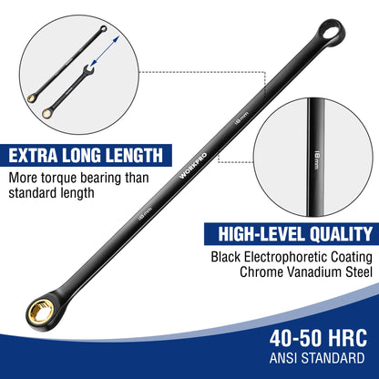 Conjunto de Chaves Catraca Extra Longas WORKPRO 10 Peças, 72 Dentes, Métricas 8-19 mm, Aço Cr-V e Revestimento Eletroforético Preto