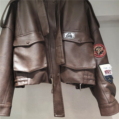 YEAE 2025 spring new vintage motorcycle leather printed high waist lean washed PU leather coat tide