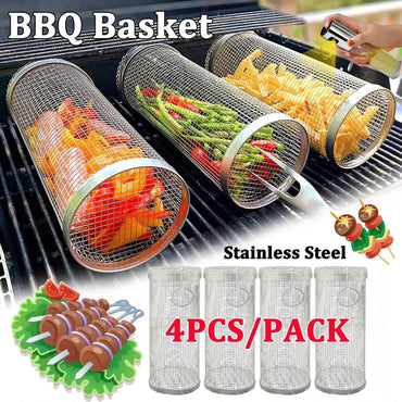 Rolling Bbq Basket- Greatest Grilling Basket Ever, Round Stainless Steel Grill Mesh, Camping Barbecue Rack For Vegetables,Fish