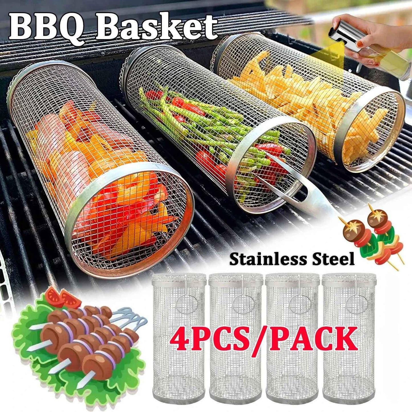 Rolling Bbq Basket- Greatest Grilling Basket Ever, Round Stainless Steel Grill Mesh, Camping Barbecue Rack For Vegetables,Fish